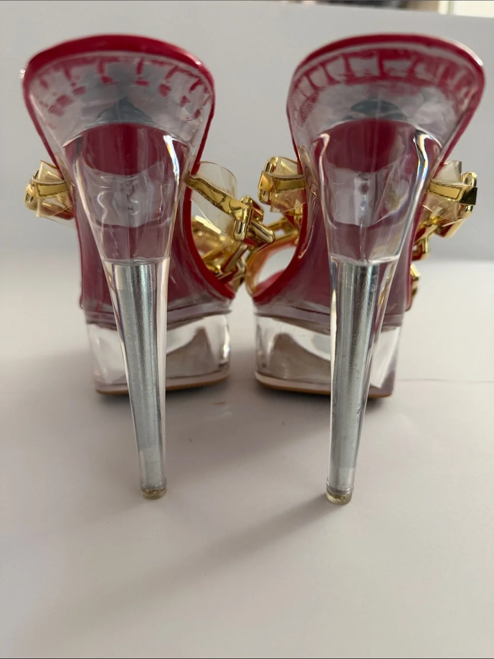 Cape Robbin Clear Platform Sandal with Red Upper and Gold Chain
